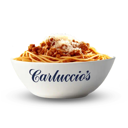 Bowl of Spaghetti Bolognaise with Carluccio's logo on the front