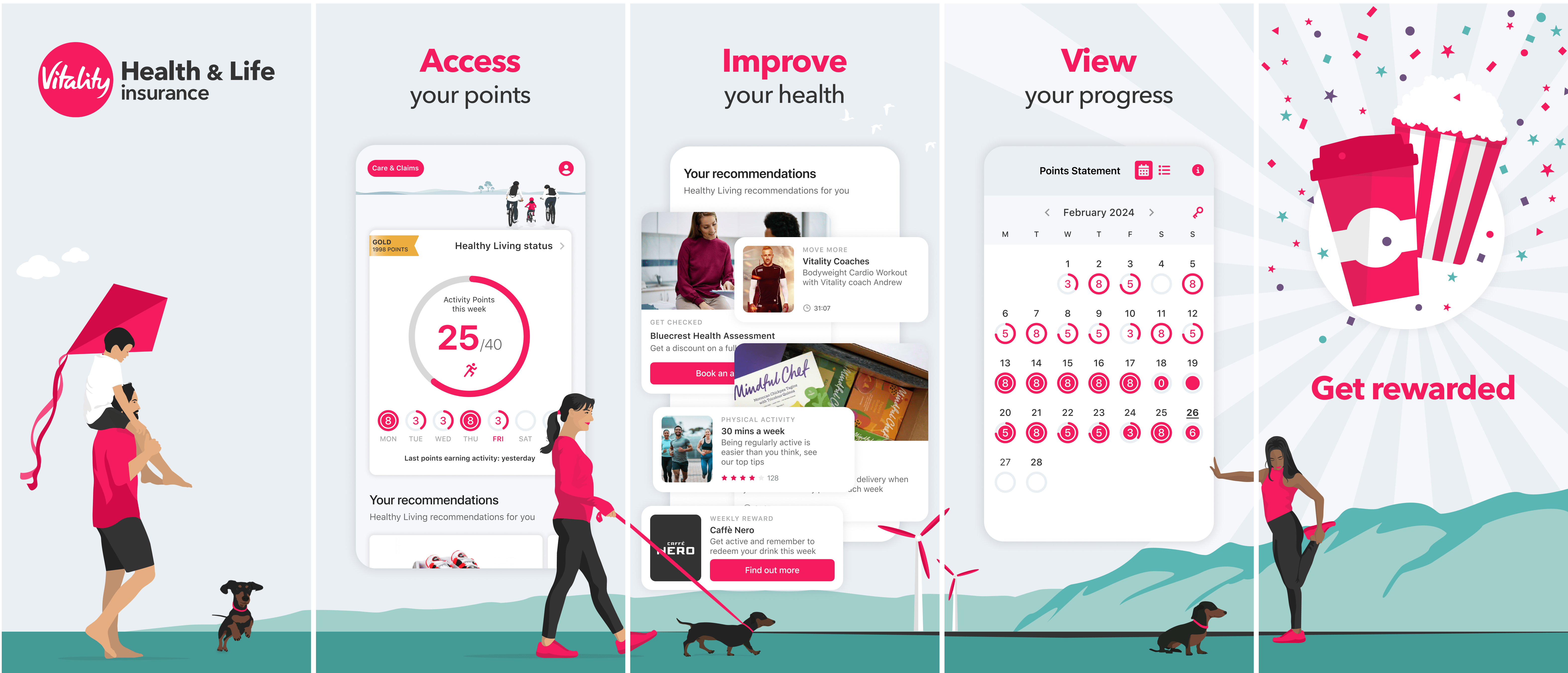An image showing the ease a member can view their weekly activity points, track their points on the points calendar and access their personalised health insights using the Vitality UK app