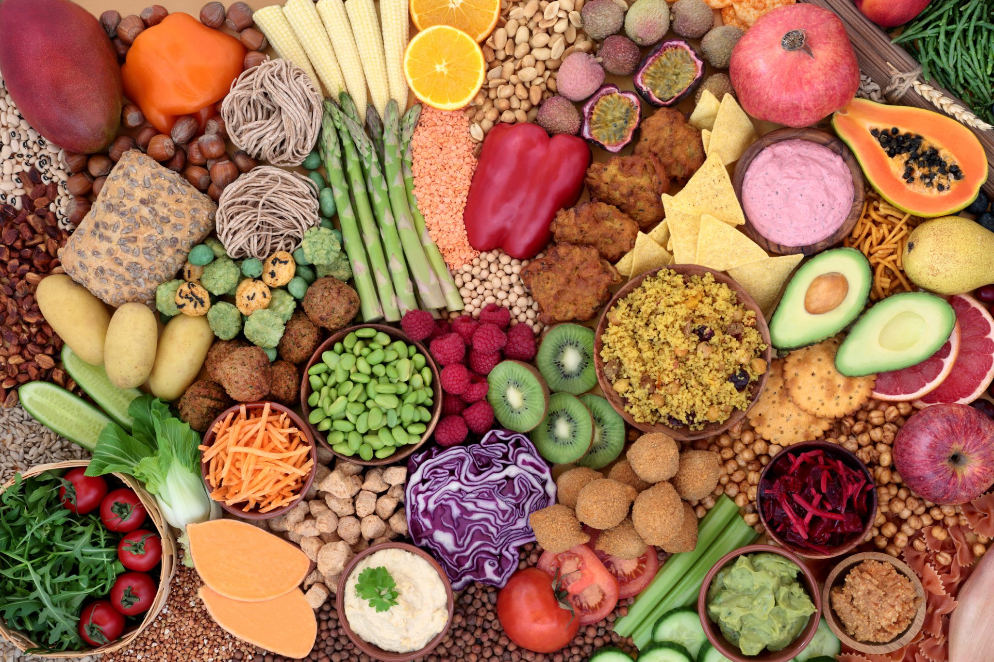 Selection of fruits, vegetables and grains
