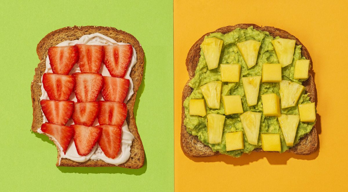 Two slices of toast with different toppings on