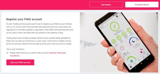 Image of text about how to register your fitbit account and a hand holding a mobile phone