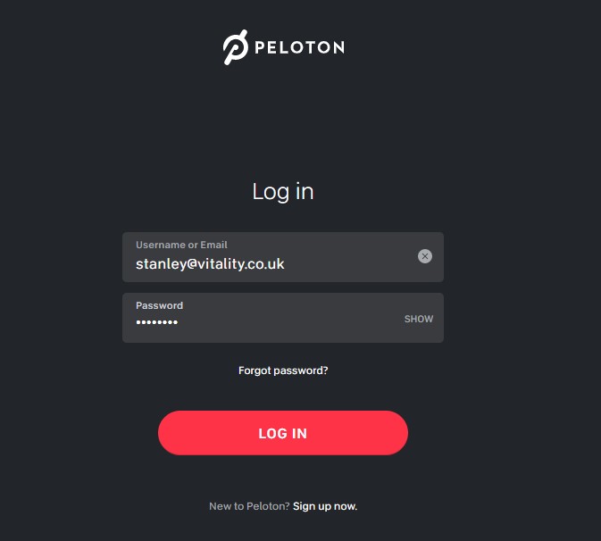 Peloton login screen