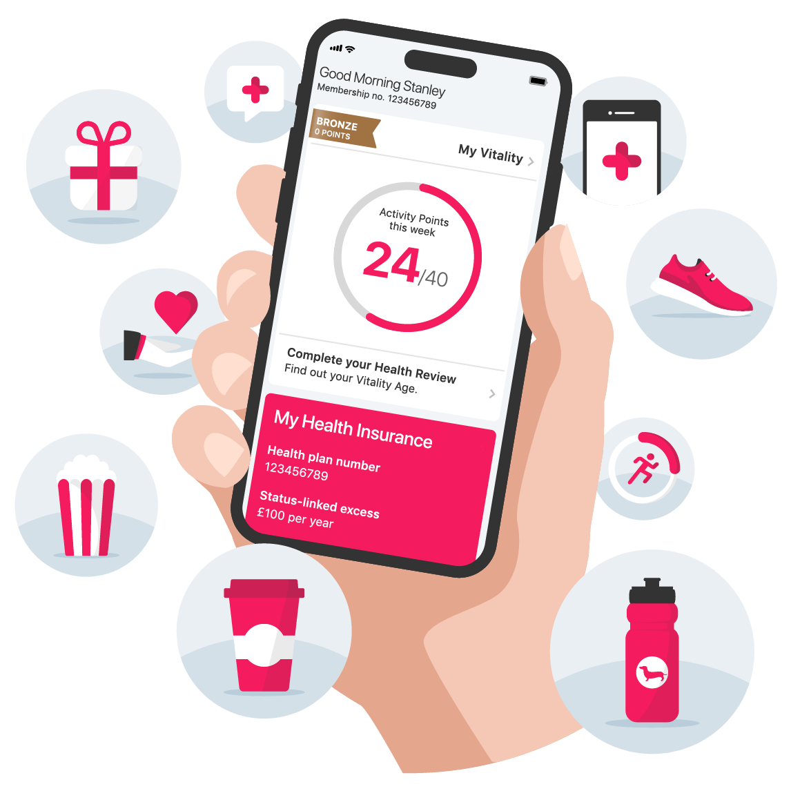Illustration of hand holding phone with Vitality UK App on screen, surrounded by icons