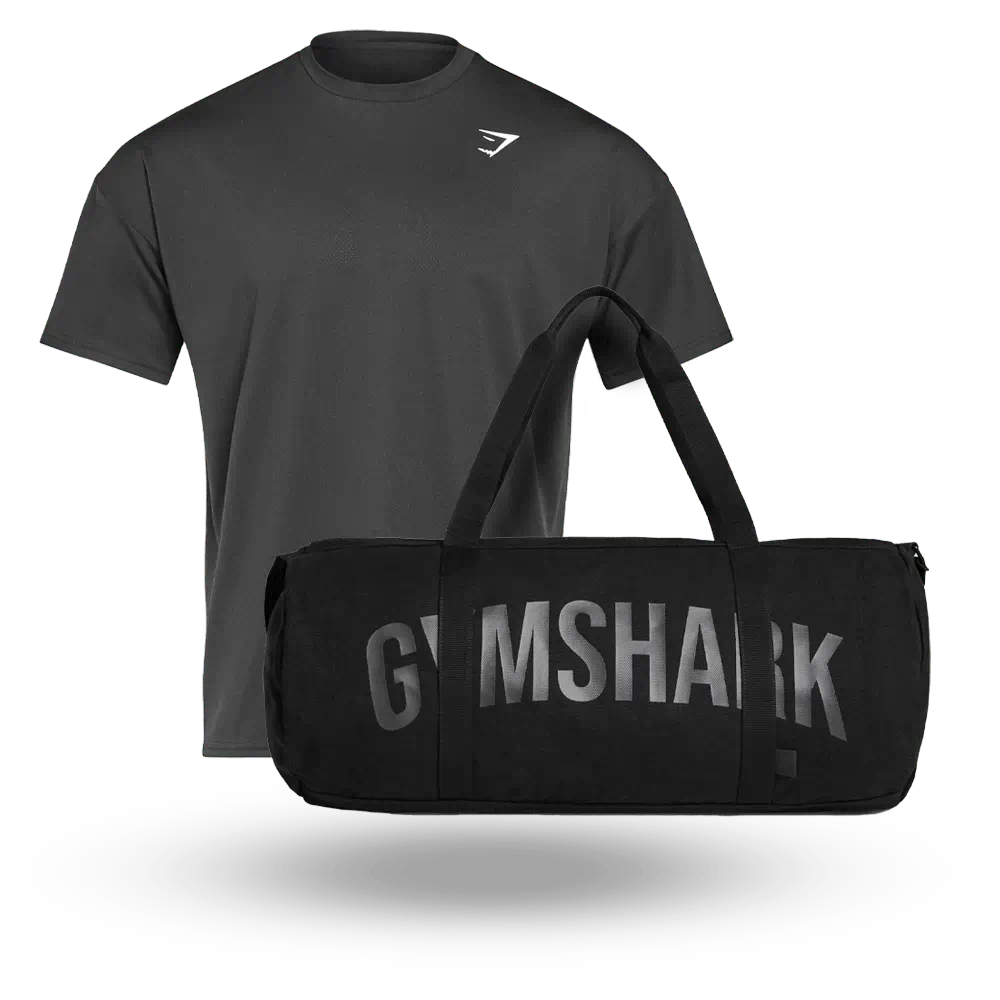 Black Gymshark t-shirt and black sports bag with Gymshark written on the front