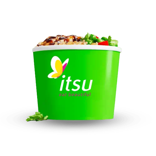 Green itsu bowl with logo on the front