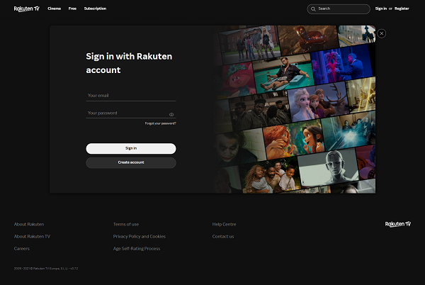 Rakuten TV login page 