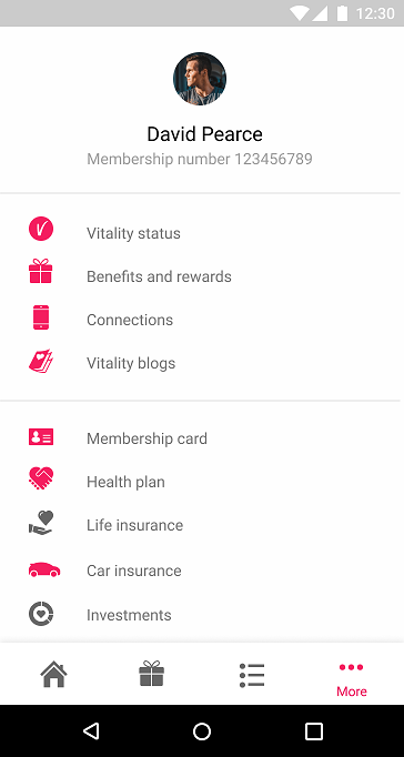 more page of the vitality app showing membership number, rewards 