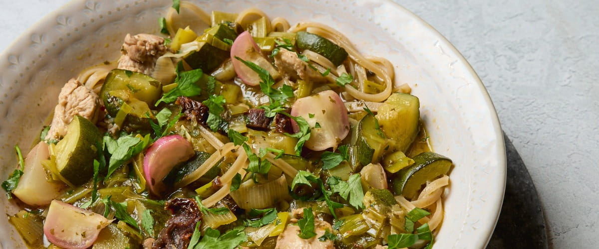 Chicken and leek noodle soup