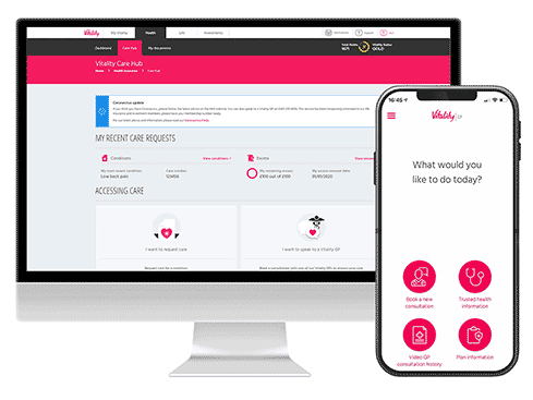 A desktop screen of the Care Hub and the Vitality GP app on a phone